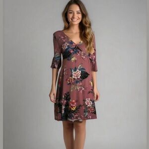 French Laundry Rose Taupe Floral Midi Dress faux wrap soft summer sun dress